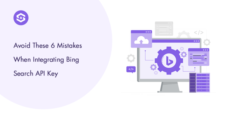 A visual guide on six pitfalls to avoid in API integration for SEO, highlighting the importance of the Bing search API key.