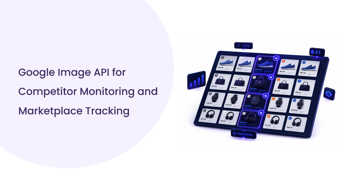 A digital display shows assorted products like shoes and headphones, with price and stock indicators. Text reads, "Google Image API for Competitor Monitoring and Marketplace Tracking."