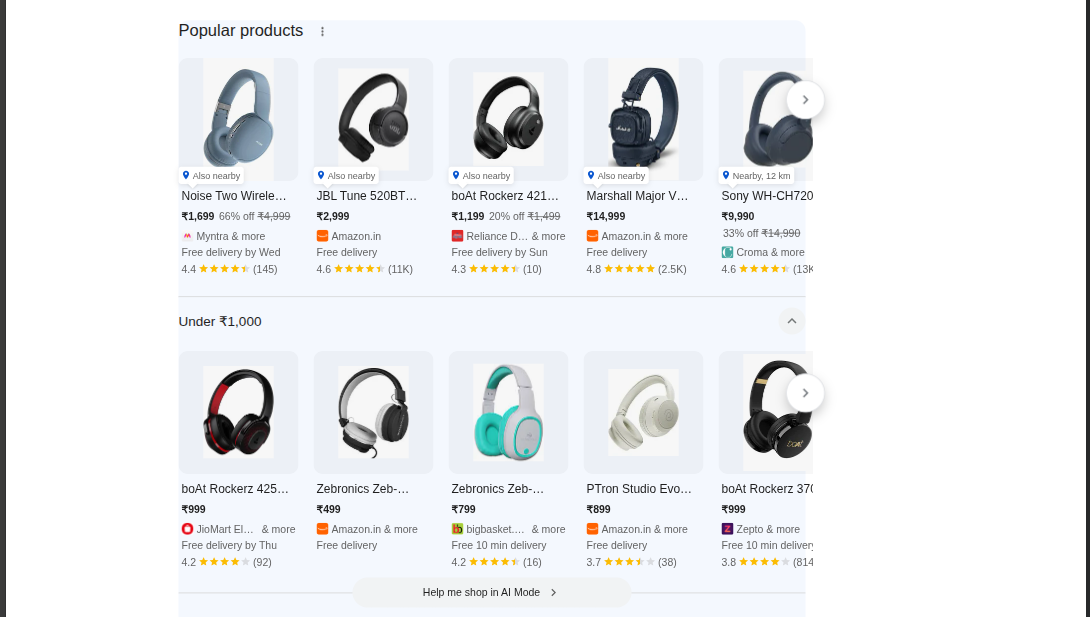 Google Inline Shopping results in search