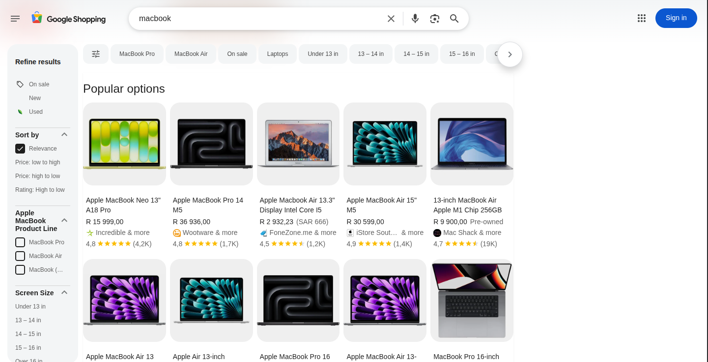 Google shopping results