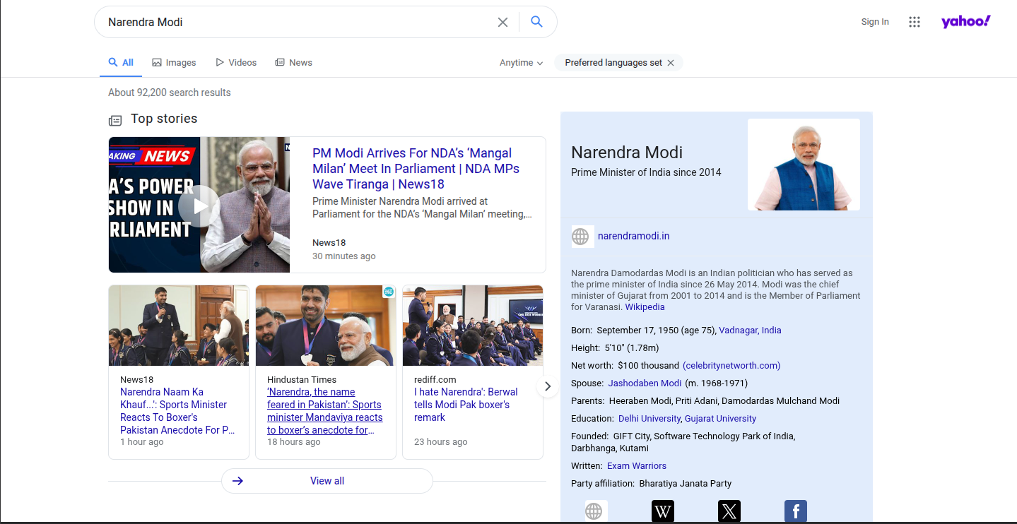 Yahoo Knowledge Card in search results