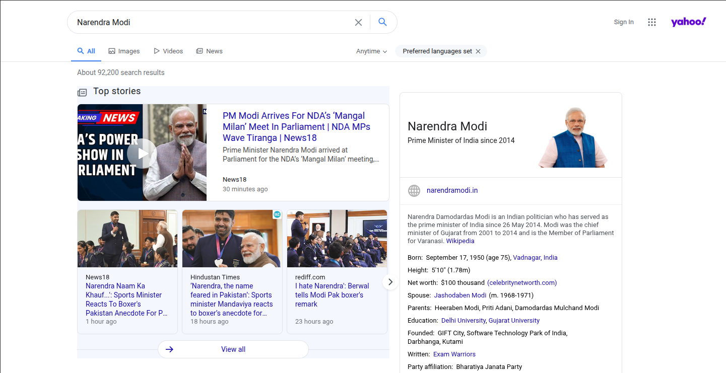 Yahoo Top Stories in search results