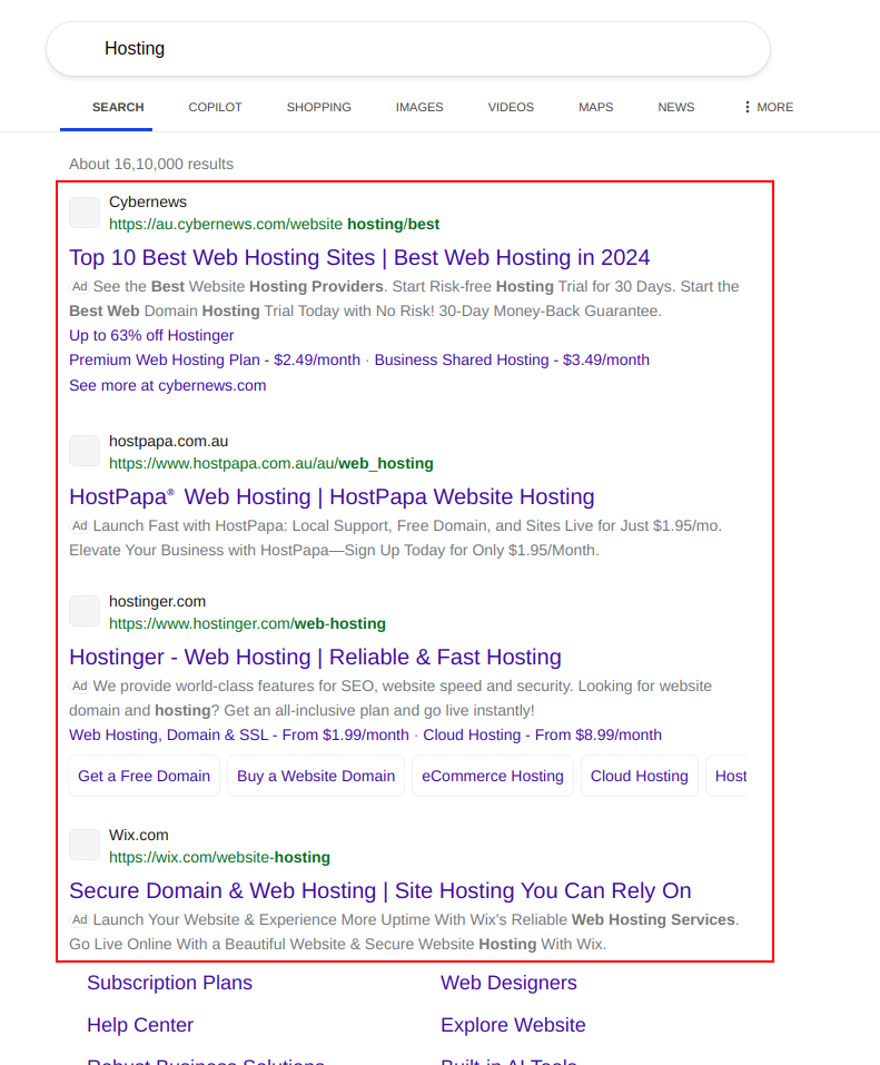 bing ads search results for Hosting on desktop