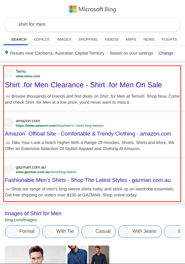 bing ads search results for shirt for men on mobile