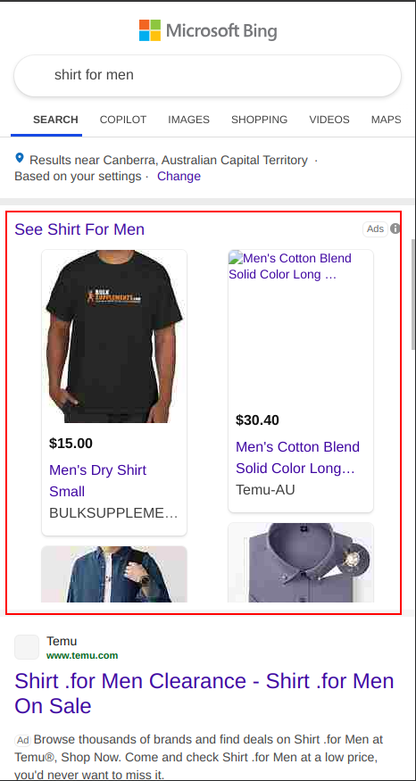 bing carousel results for shirt for men mobile