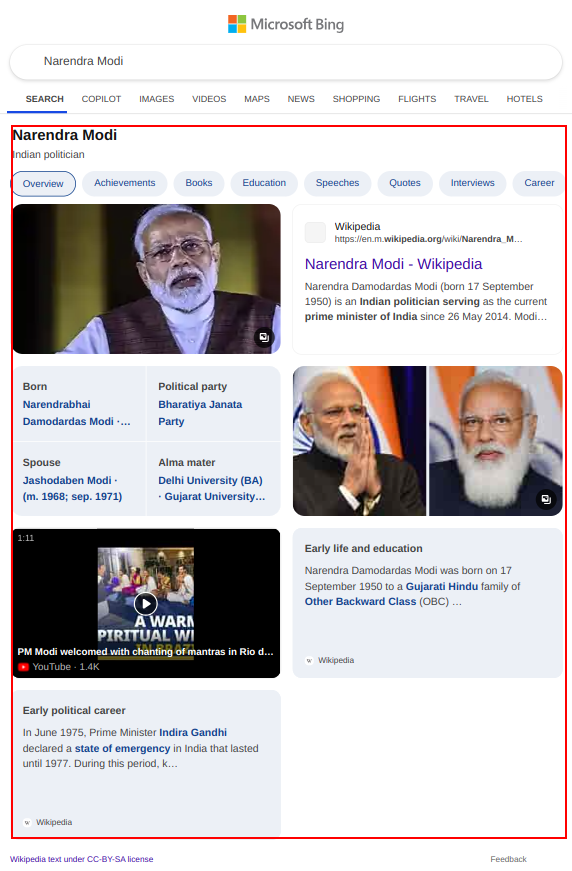 bing knowledge card results for narendra modi on mobile