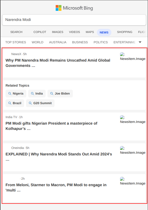 bing news api results for narendra modi on mobile