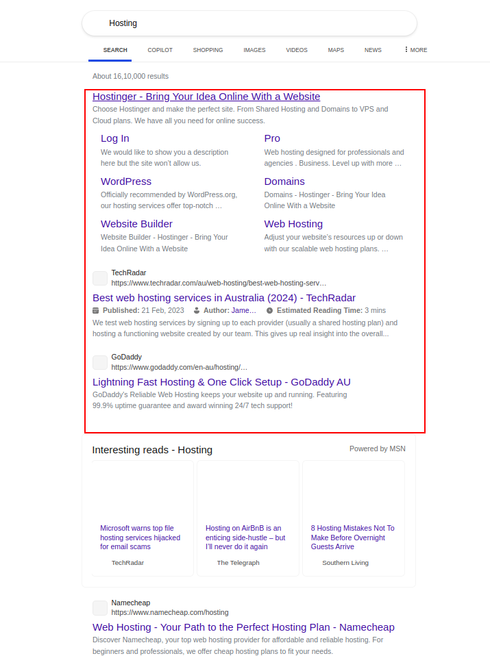 bing organic search results for desktop