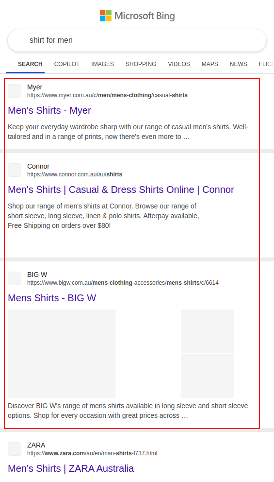 bing organic search results for mobile