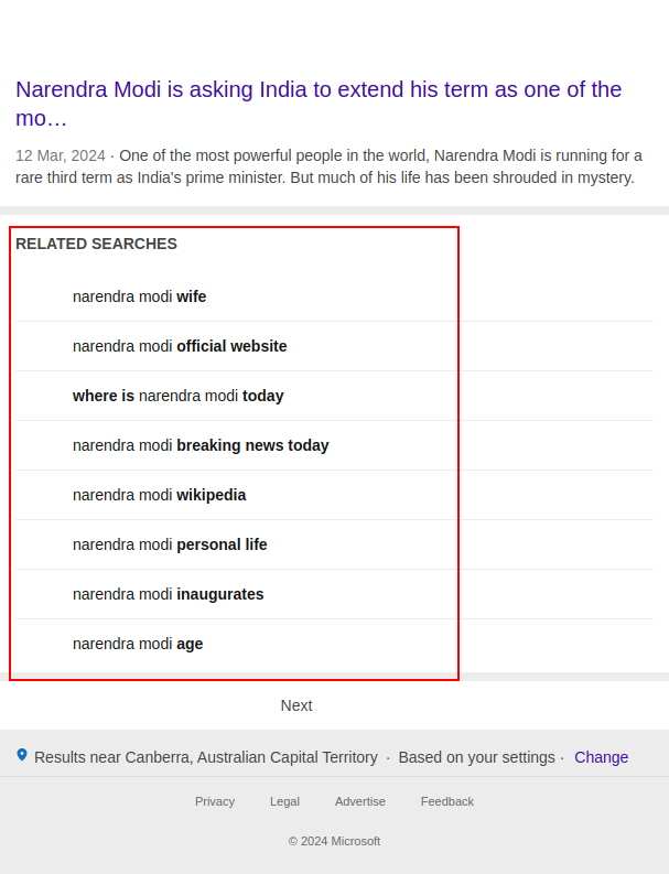 bing ads search results for narendra modi on mobile