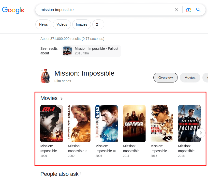 google carousel results for desktop mission impossible