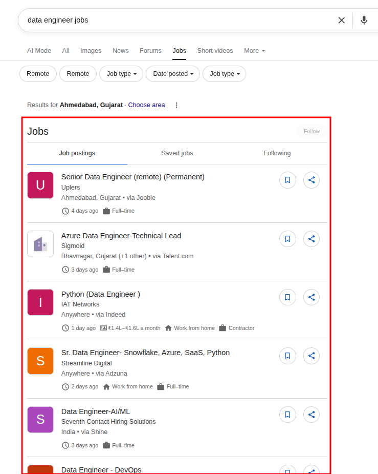 google job api results for desktop