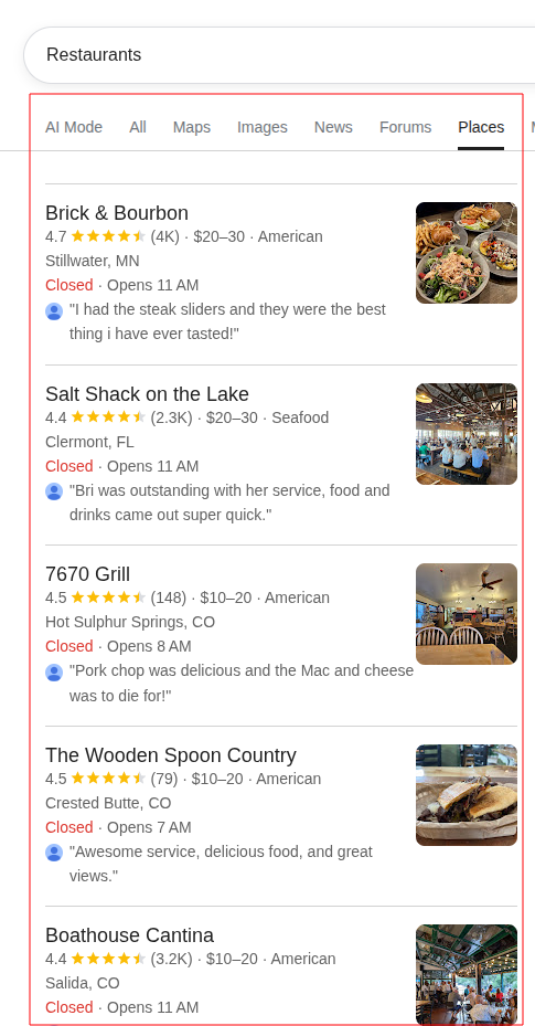 Google Local API desktop results for Restaurants