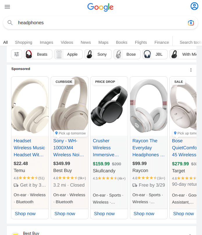 google inline products results for mobile