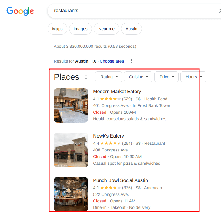 google local business results for desktop restaurants