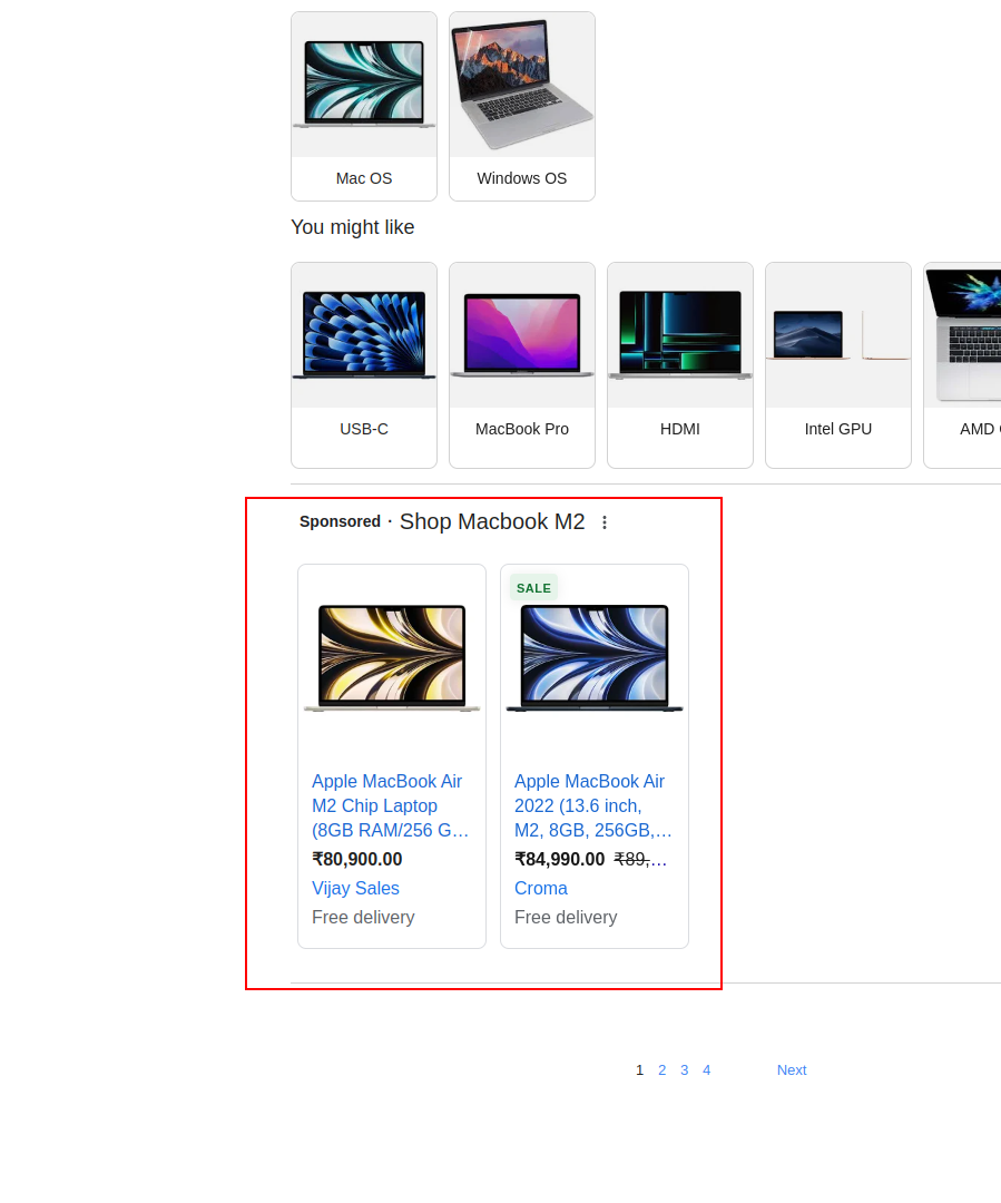 google shopping search results for macbook m2 on desktop