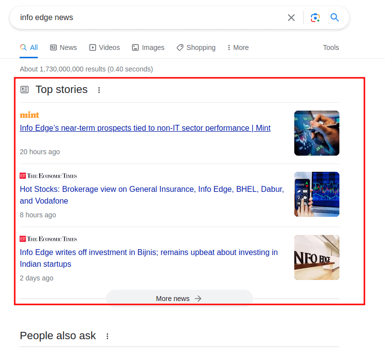 google top stories results for desktop