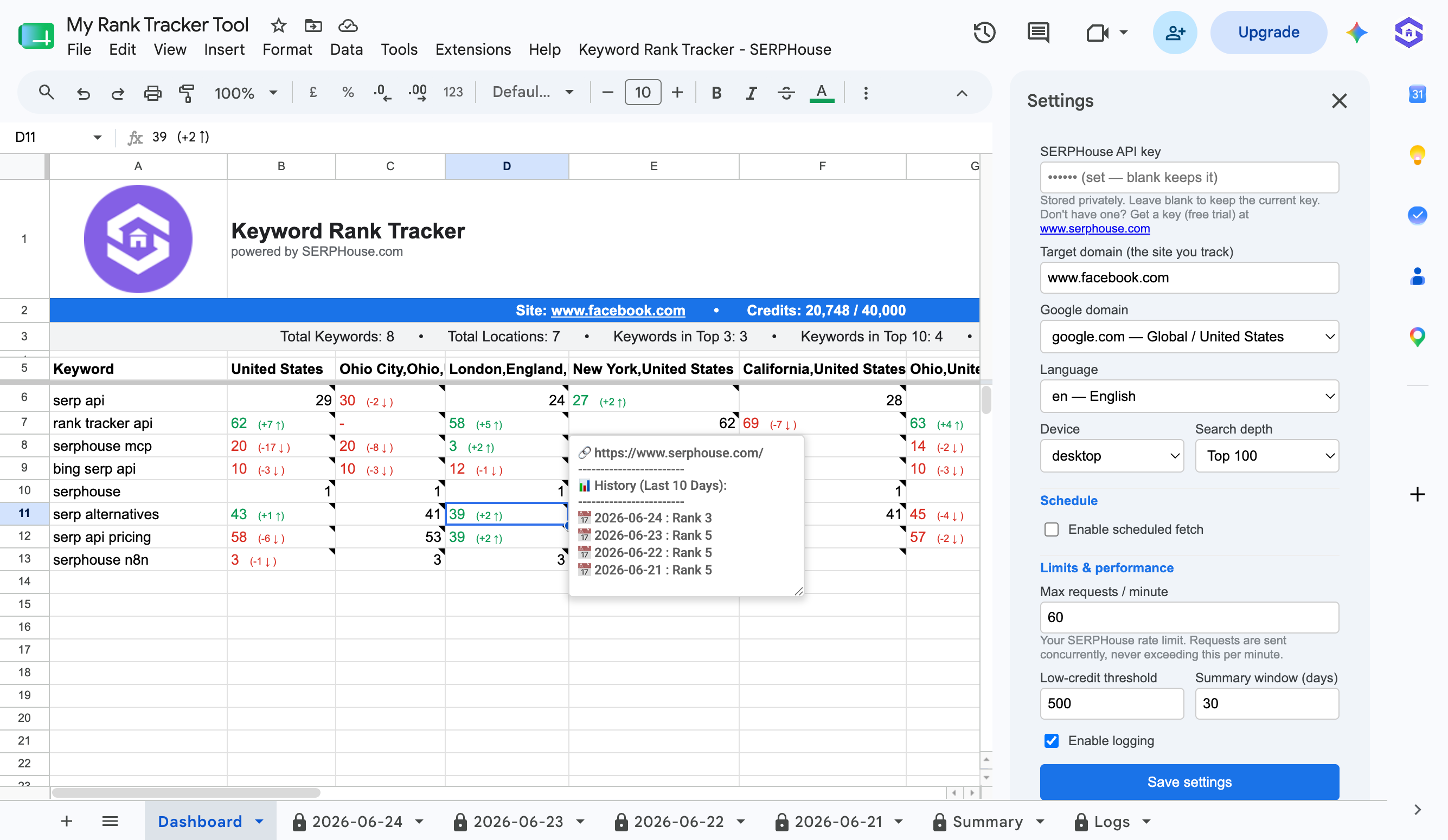 Keyword Rank Tracker add-on in Google Sheets showing multi-location rankings, settings sidebar, and rank history tooltip