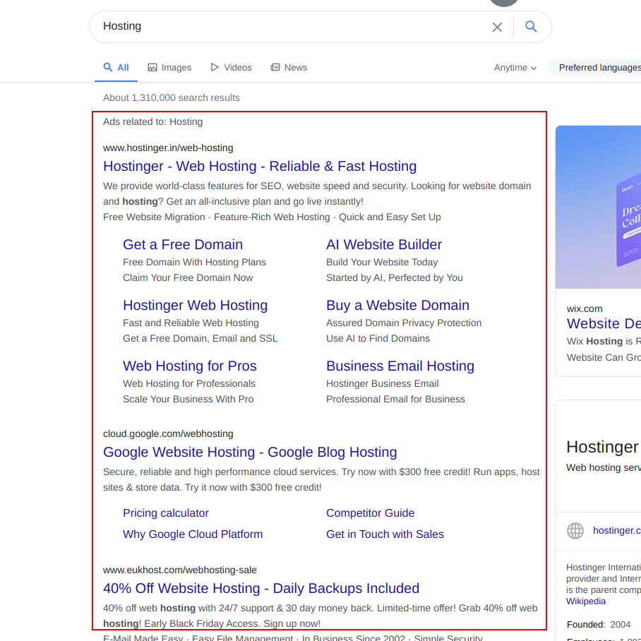 yahoo ads results for Hosting on desktop