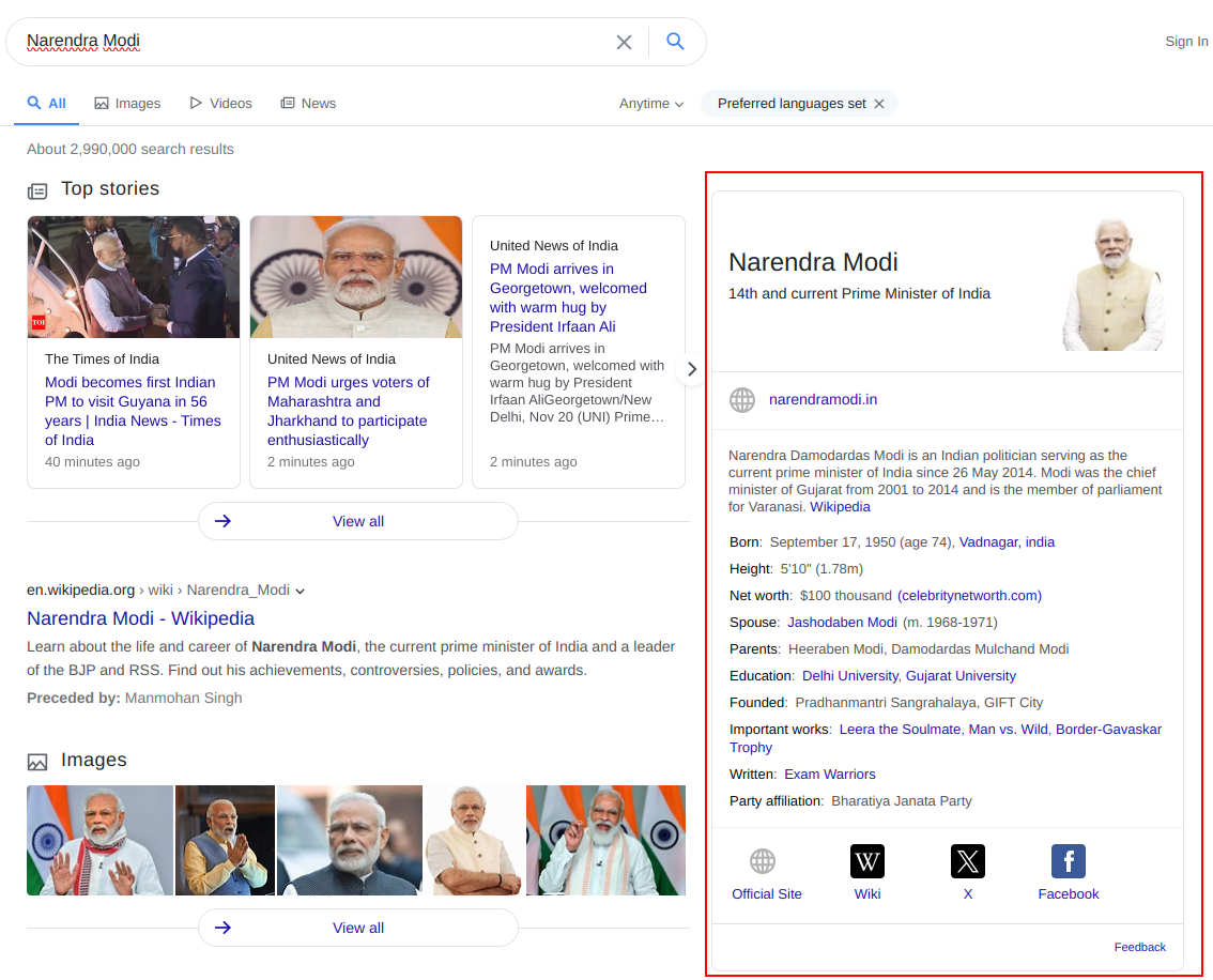 yahoo knowledge panel results for narendra modi on desktop