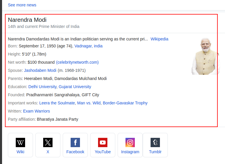 yahoo knowledge panel results for narendra modi on mobile