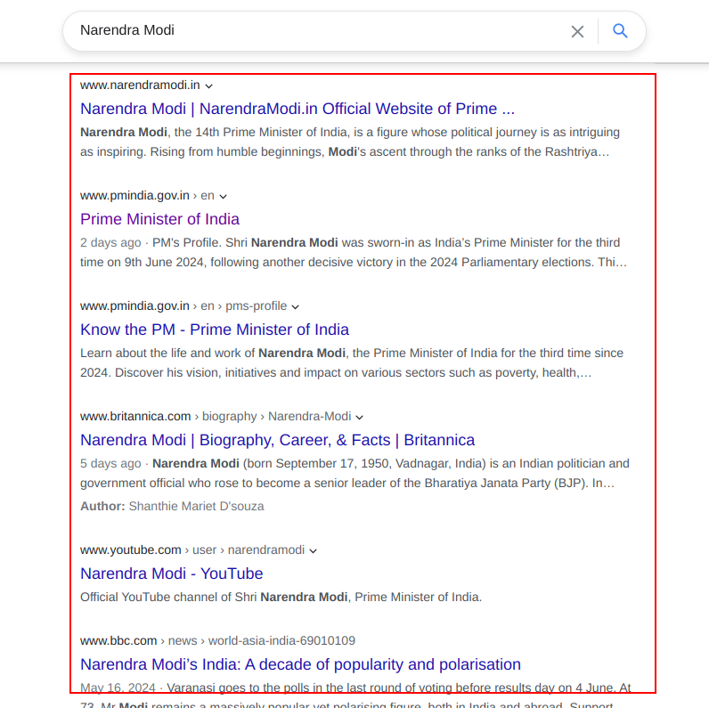 yahoo organic results for narendra modi on desktop