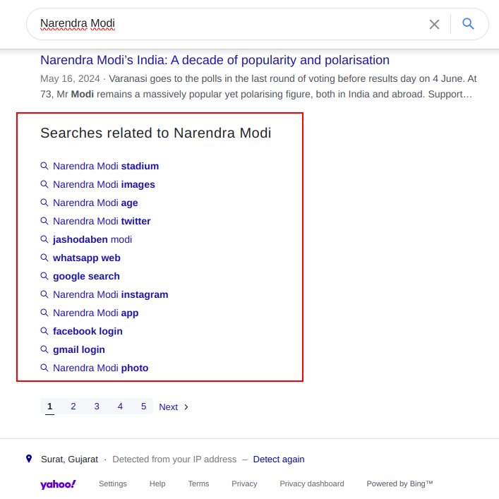 yahoo related search for narendra modi on desktop